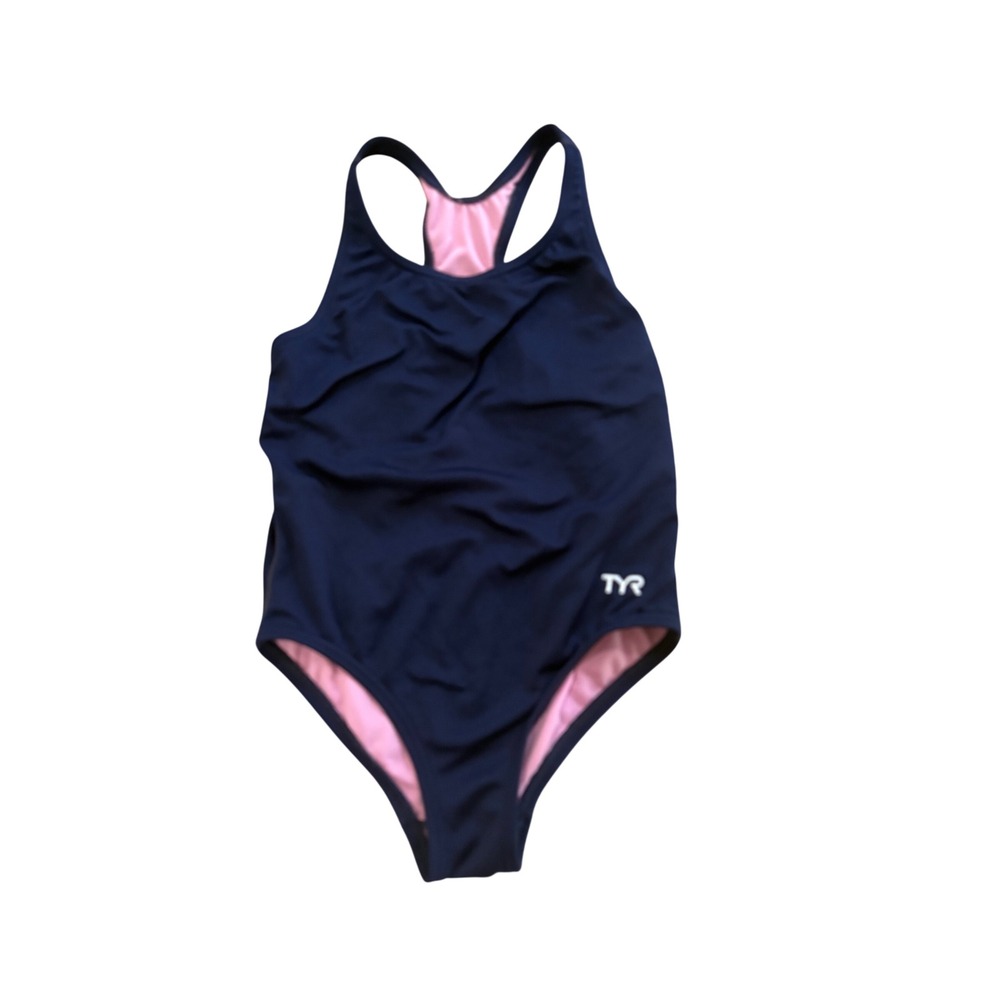TYR Girls 6 Navy Blue Pink Solid Ella Maxfit One Piece Swimsuit Competition Swim